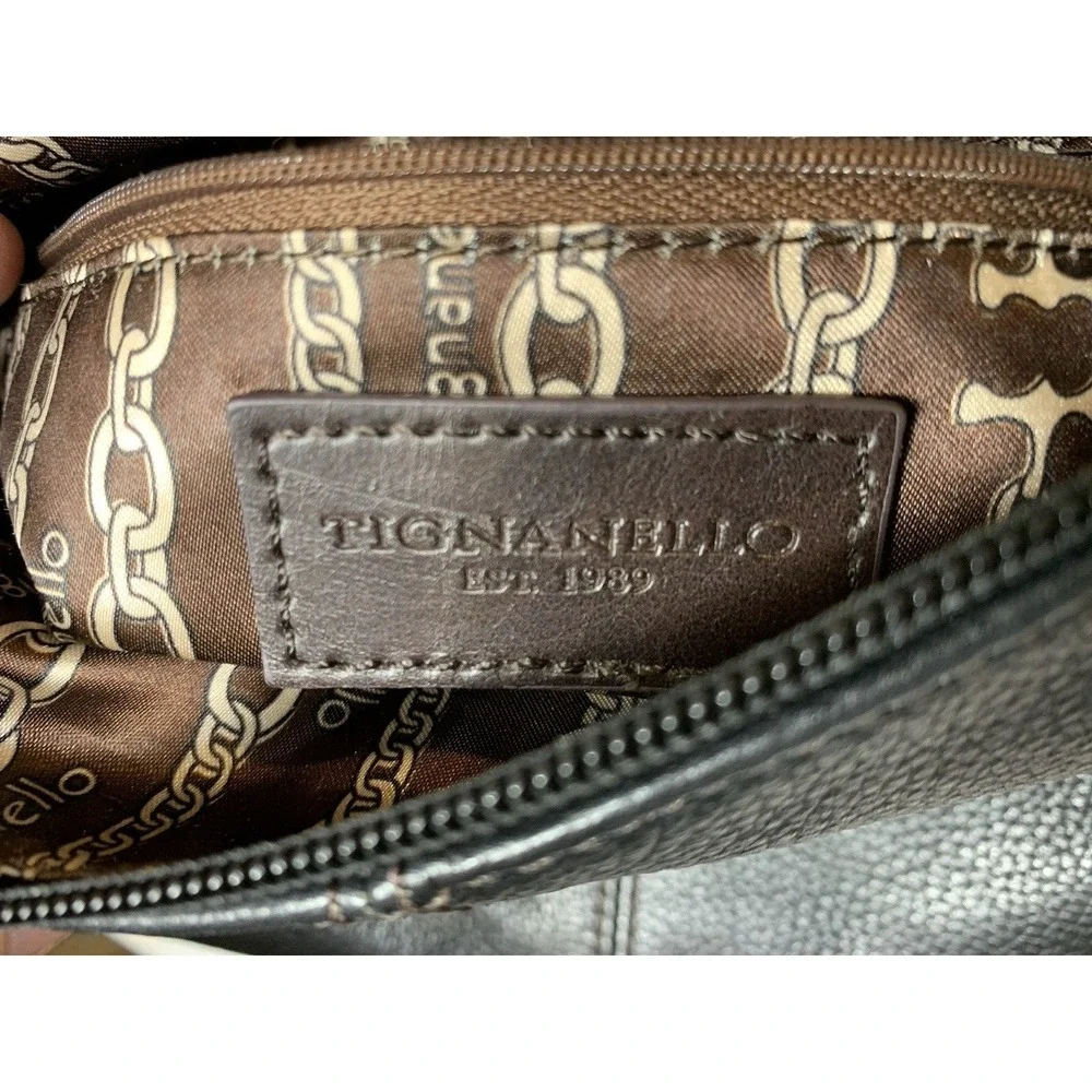 Tignanello Handbag Black Leather Hobo Shoulder‎ Purse Brown Trim Western Braided